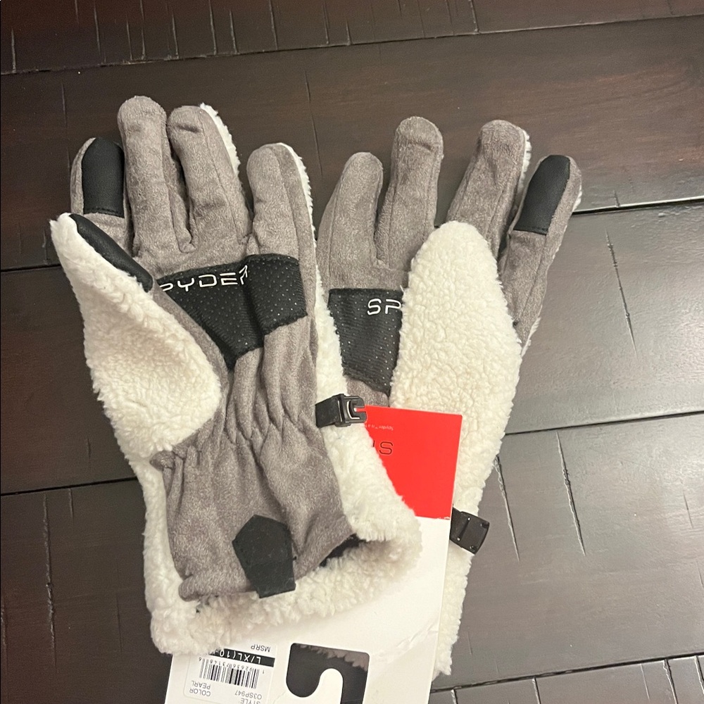 Spyder Fleece Winter Gloves cream gray Tech Kids Size 10-16 Boys or Girls L/XL - Picture 5 of 11